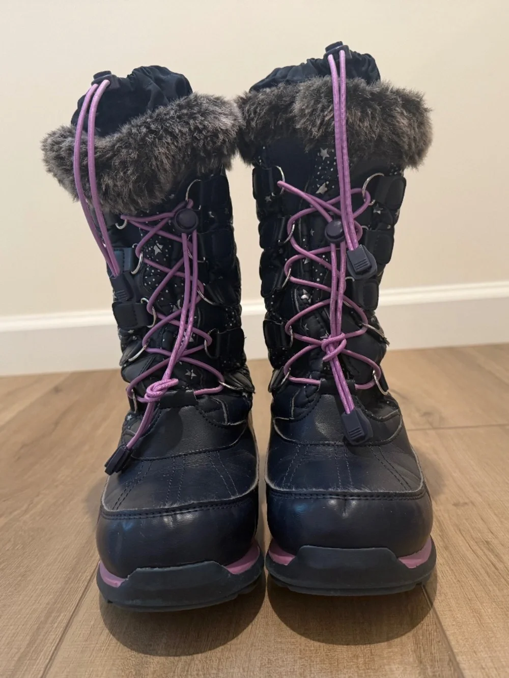 Lands’ End Girls Snow Boots Size 2M Navy Star Print Faux Fur